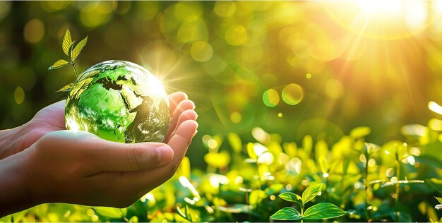 World environment day concept holding a green glass globe with a spring forest