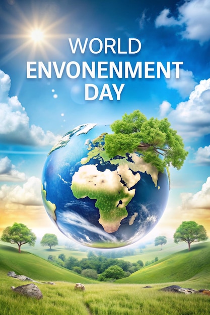 World environment day text with a full view of planet earth and nature landscape creative concept image manipulation