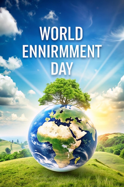 World environment day text with a full view of planet earth and nature landscape creative concept image manipulation