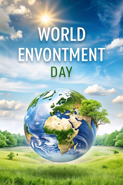 World environment day text with a full view of planet earth and nature landscape creative concept image manipulation