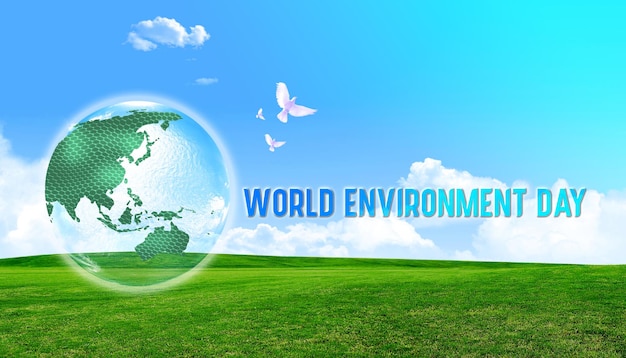 World Environment Day with BlueGreen and light abstract background with world