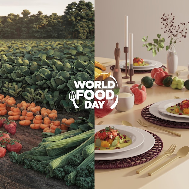 Photo world food day 3d splitscreen banner lush farm harvest and dining table with delicious dishes