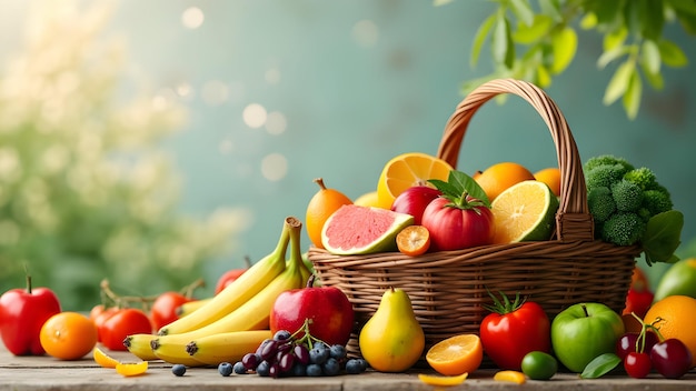 World food day background design with clear skyvarious foodcolourful fruits snacks delicious food