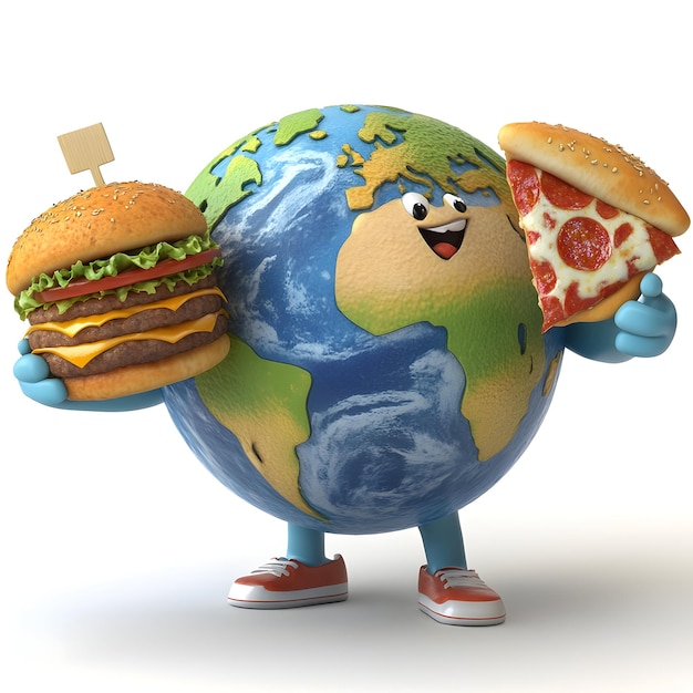 Photo world food day carton illustration with earth globe holding fast food