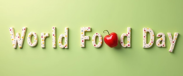 Photo world food day celebration with colorful letters and a cherry on green background