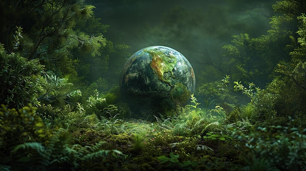 a world in the forest with a world map on the bottom