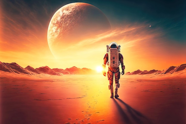 World of future floating astronaut walking on unexplored planet against backdrop of sunset