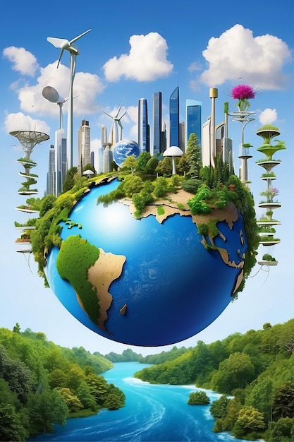 world in the future with technologies and plants to stop the climate change