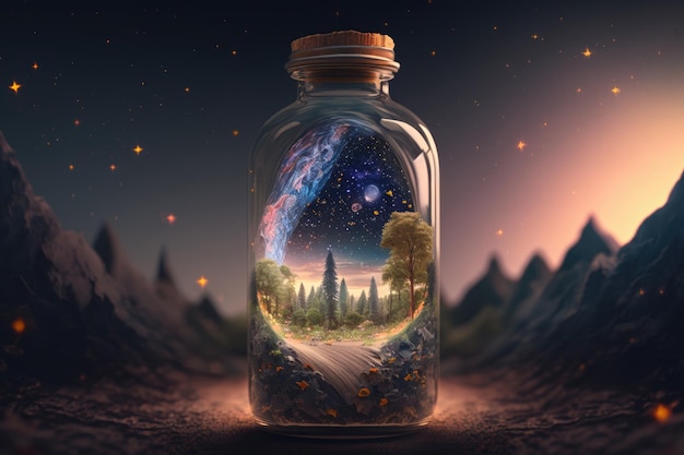 World in glass bottle Illustration AI Generative