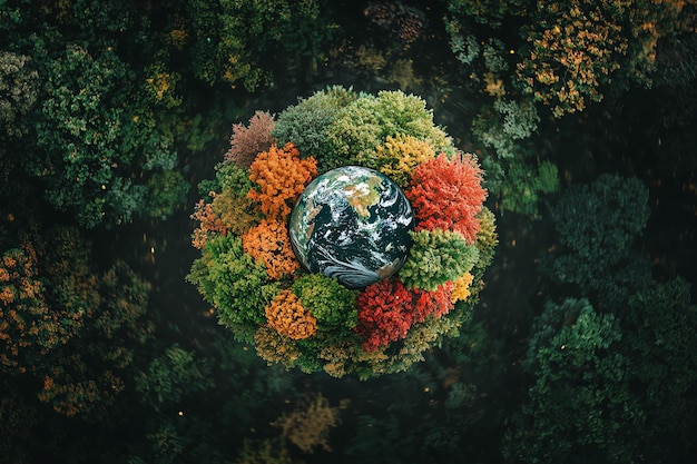 Photo a world globe in a forest surrounded by autumn foliage