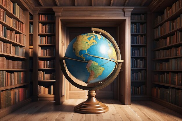 A world globe hangs with an open door in the middle of the library shelf background