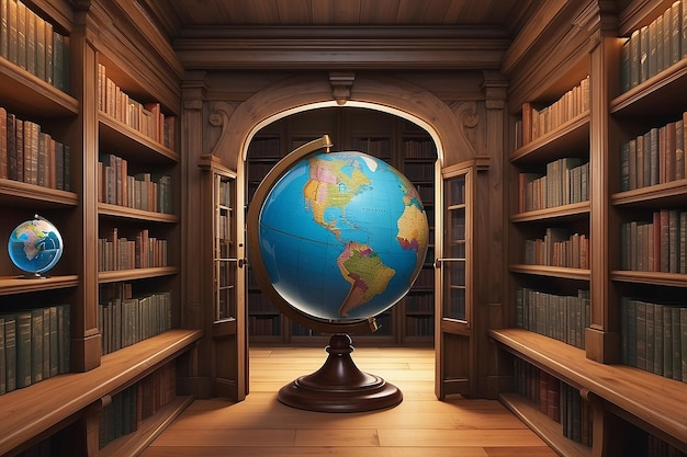 A world globe hangs with an open door in the middle of the library shelf background