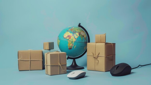 Photo a world globe surrounded by parcel packages and a computer mouse