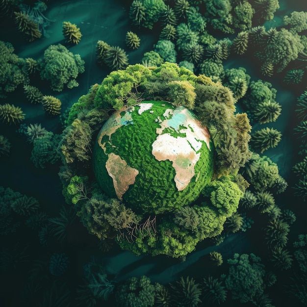 a world globe with the earth surrounded by trees and plants