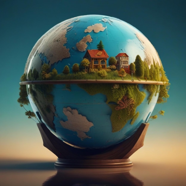 a world globe with a house on the top of it