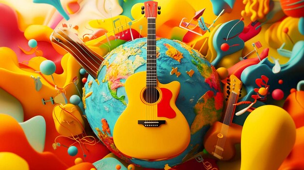 Photo a world globe with a world map and a guitar in the middle