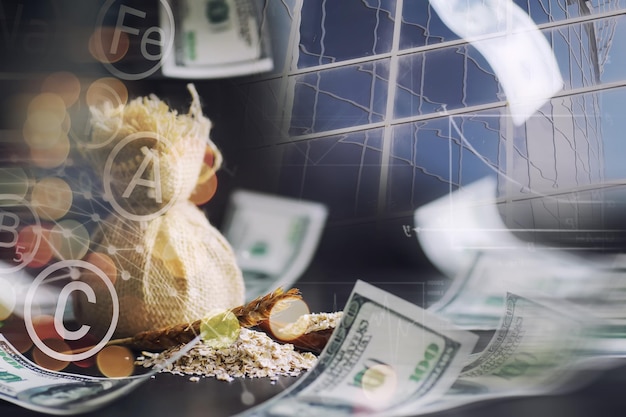 World grain crisis Double exposure A handful of cereals and 100 dollar banknotes on a blue background