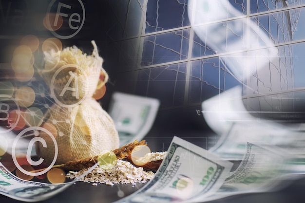 World grain crisis Double exposure A handful of cereals and 100 dollar banknotes on a blue background