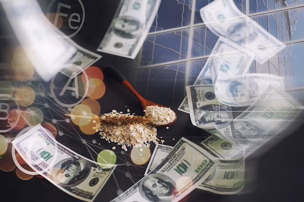 World grain crisis Double exposure A handful of cereals and 100 dollar banknotes on a blue background