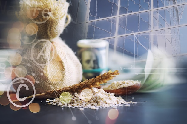 World grain crisis Double exposure A handful of cereals and 100 dollar banknotes on a blue background