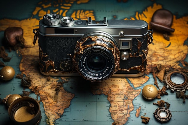 World graphy day with camera lens world map