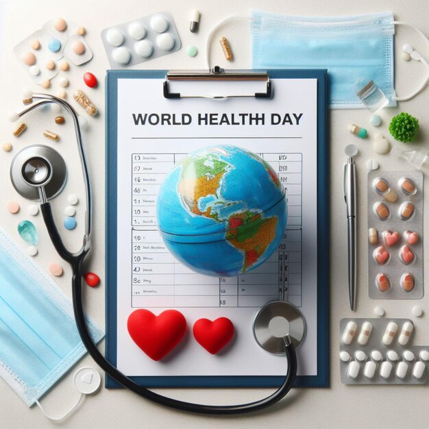 World Health Day Clipboard with stethoscopeHeart Planet Earth medical mask and pills on light