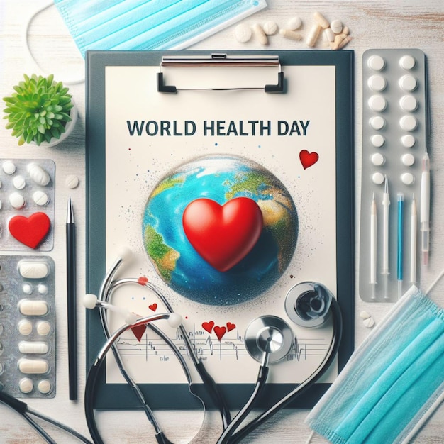 World Health Day Clipboard with stethoscopeHeart Planet Earth medical mask and pills on light