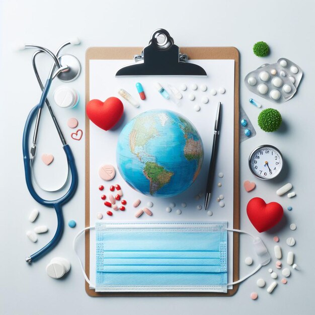 World Health Day Clipboard with stethoscopeHeart Planet Earth medical mask and pills on light