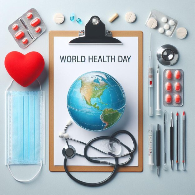 World Health Day Clipboard with stethoscopeHeart Planet Earth medical mask and pills on light