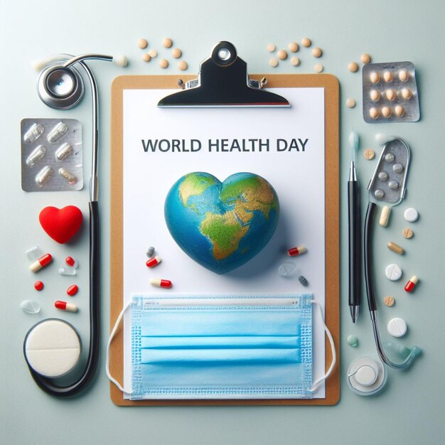 World Health Day Clipboard with stethoscopeHeart Planet Earth medical mask and pills on light