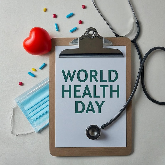 World Health Day Clipboard with stethoscopeHeart Planet Earth medical mask and pills on light