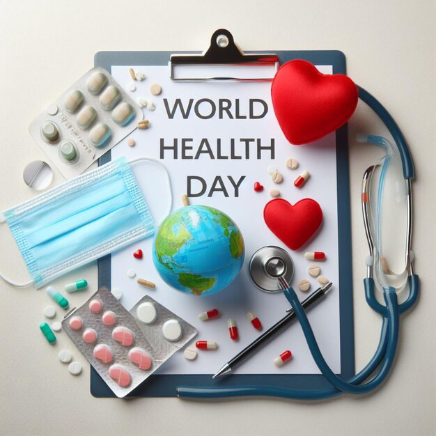 World Health Day Clipboard with stethoscopeHeart Planet Earth medical mask and pills on light