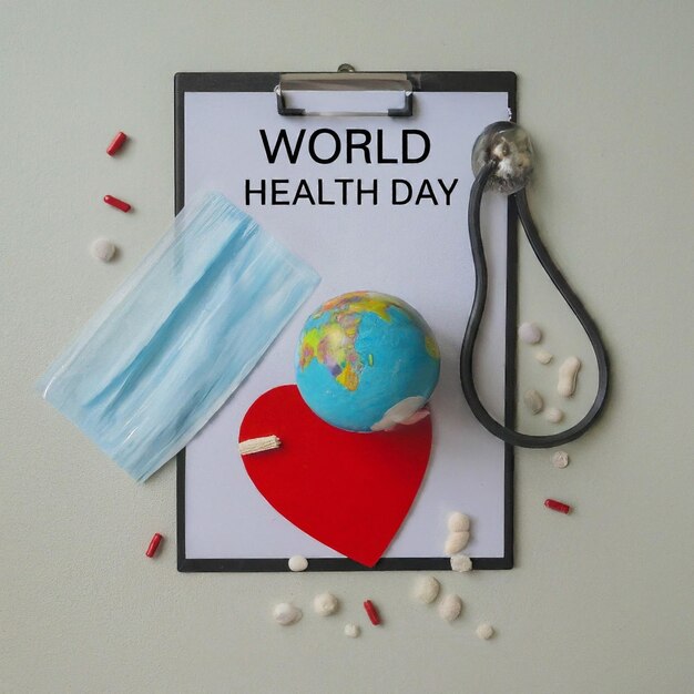 World Health Day Clipboard with stethoscopeHeart Planet Earth medical mask and pills on light