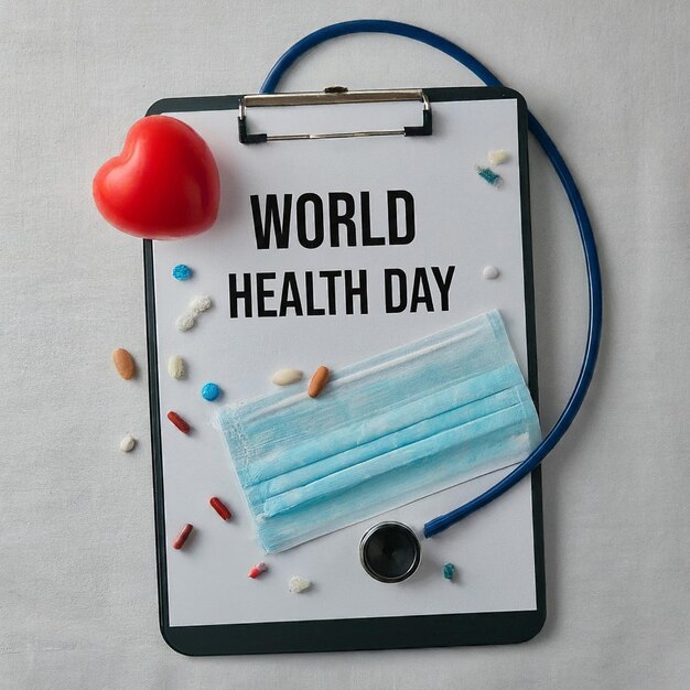 World Health Day Clipboard with stethoscopeHeart Planet Earth medical mask and pills on light