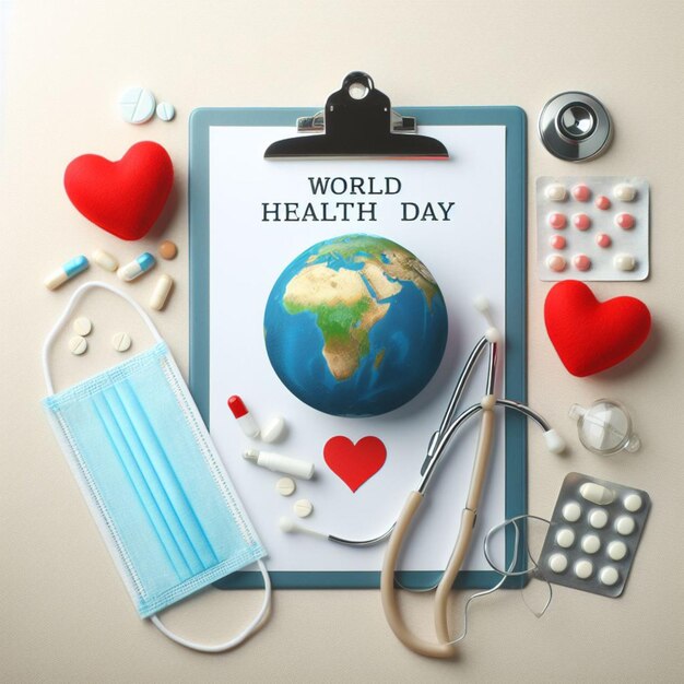 World Health Day Clipboard with stethoscopeHeart Planet Earth medical mask and pills on light