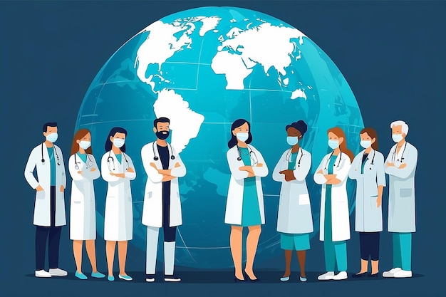 Photo world health day illustration concept with a group of staff medical doctors and nurses standing in front of the world globe