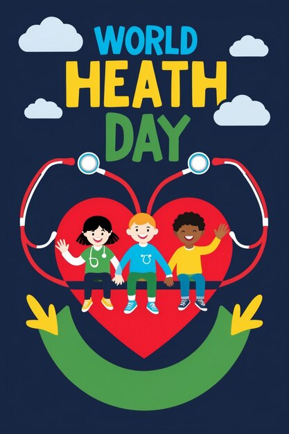 Photo world health day poster design featuring joyful kids in the background