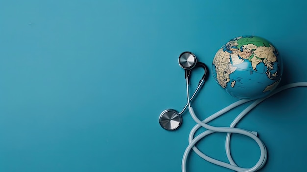 World Health day with stethoscope and miniature earth on blue background