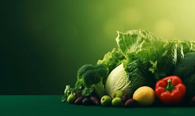 world healthy day copy space close food vegetables fish isolated green background copy space