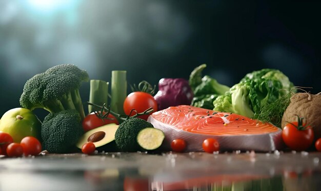 world healthy day copy space close food vegetables fish isolated green background copy space