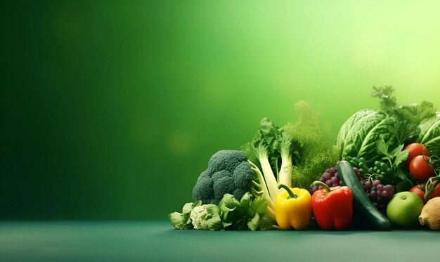 world healthy day copy space close food vegetables fish isolated green background copy space