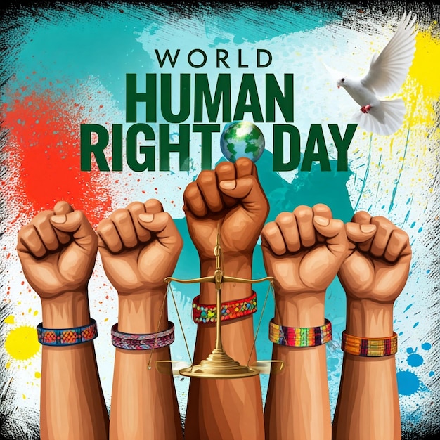 world human rights day hand holding global world map fist vector flat design background illustration