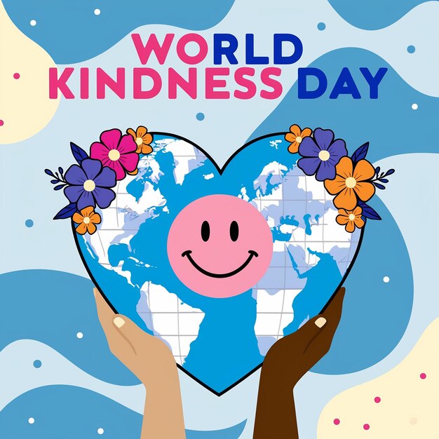 Photo world kindness day heart of unity with smiley flowers and global map