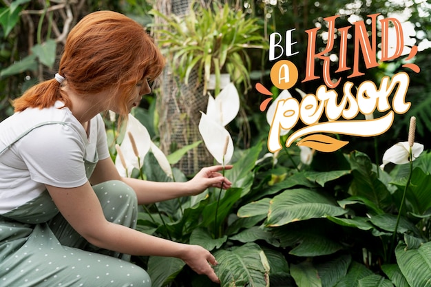 World kindness day with woman taking care of plants