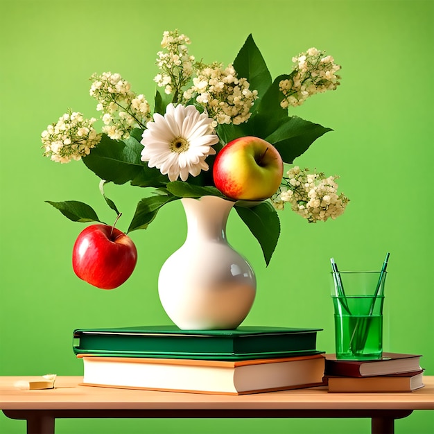 World knowledge day a vase with flowers in a vase is on the table books on the table an apple