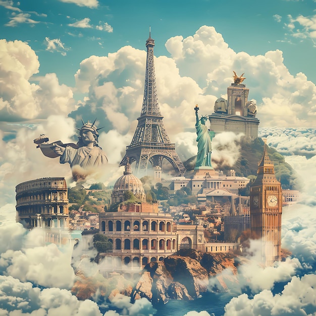 Photo world landmarks and famous monuments collage with a cloud background