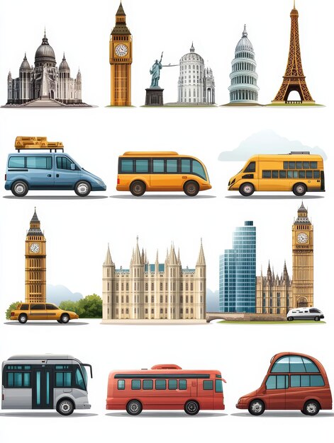 Photo world landmarks and transportation set