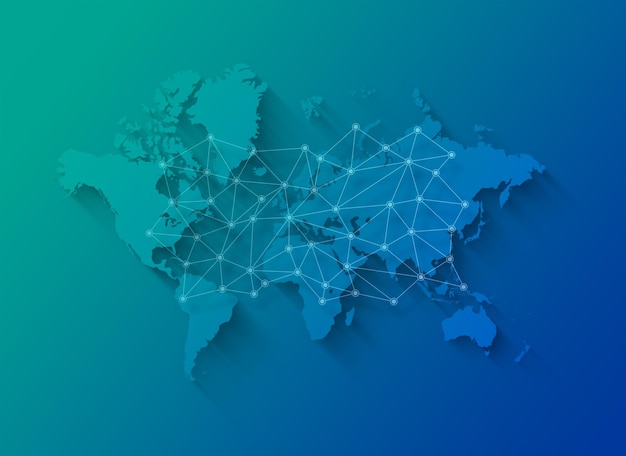 World map and digital network illustration on a blue background