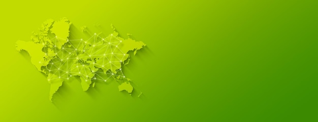 World map and digital network illustration on a green background Horizontal banner