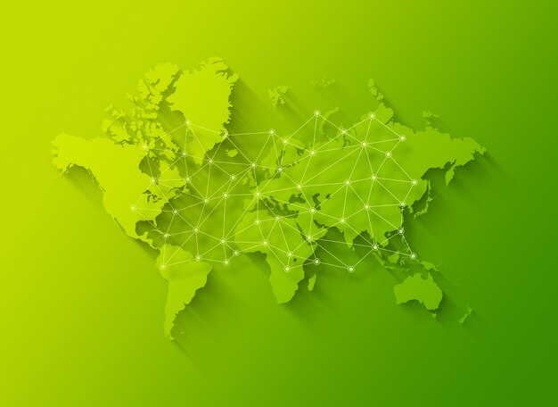 World map and digital network illustration on a green background